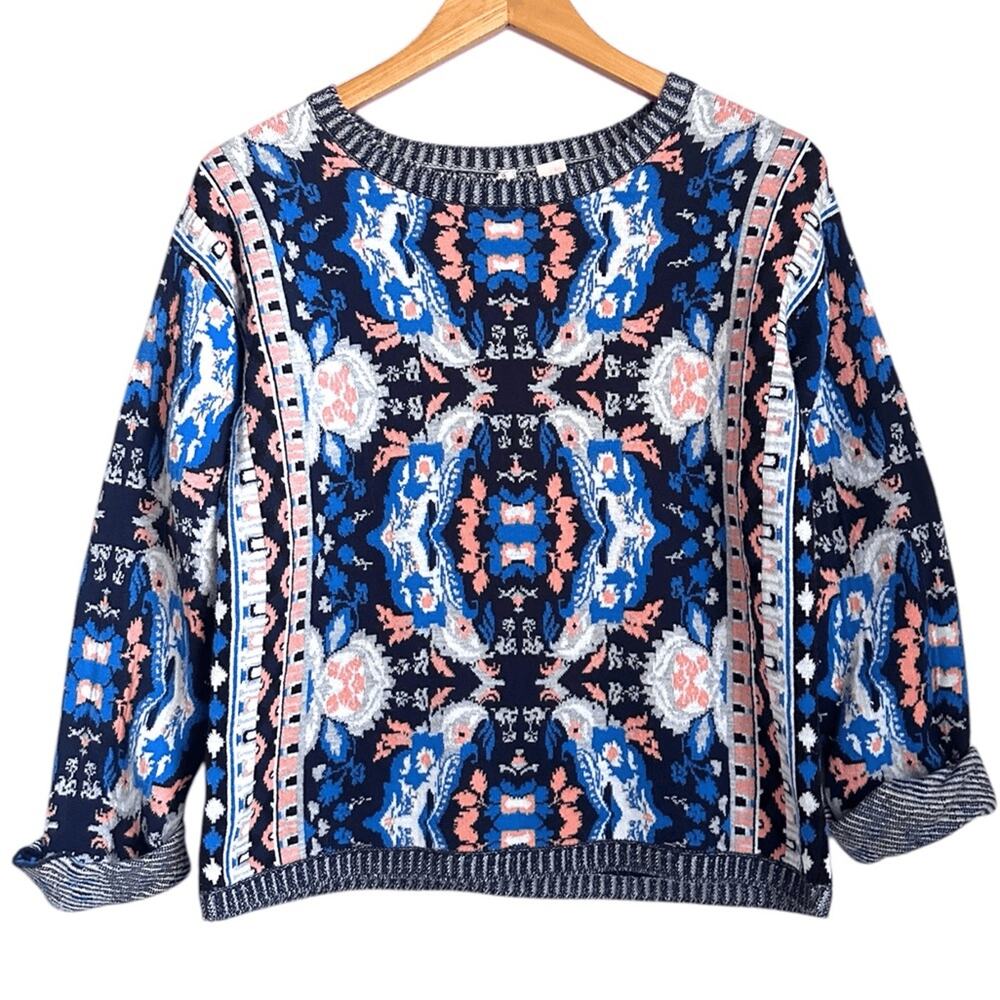 Moth Anthropologie Sweater Small Navy Blue Multicolor Ikat Tapestry Knit Boho